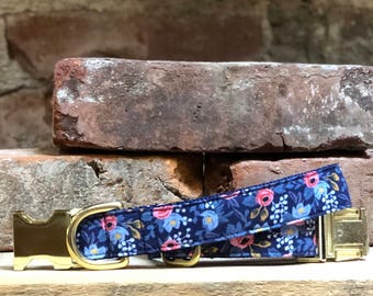 Rifle Paper Co Les Fleurs Dog Collar - Blue Floral Dog Collar