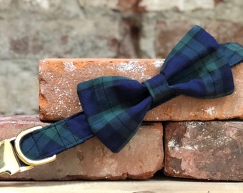 Blue and Green Plaid Bow Tie Dog Collar, Classic Plaid Dog Collar, Metallic Collar