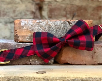 Buffalo Plaid Dog Collar, Red and Black Plaid Bow Tie Collar, Brass Hardware