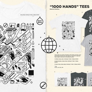 Könnte beinhalten: Weiße, dunkelgraue und sportgraue T-Shirts mit einem schwarz-weißen Grafikdesign. Das Design zeigt eine komplexe Illustration mit verschiedenen Formen und Symbolen. Der Text "NOT BAD" ist auf den Shirts zu sehen. Die Shirts sind Teil der "1000 HANDS"-Kollektion.