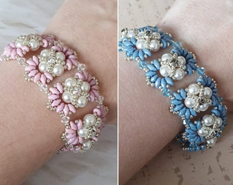 Elegante Frühling/Sommer Armband, Manschette, weiße Swarovski Perlen | Geschenke für sie, Geburtstag, Weihnachten, Hochzeit, etwas blaues