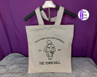 Animal Crossing Inspired Isabelle Town Hall Tote Bag. Natural, Long Handles.