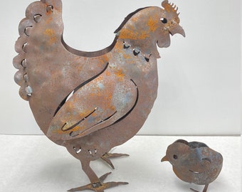 Chicken and chick metal art sculpture for the garden, bird garden art, 3D sculpture, made in the USA