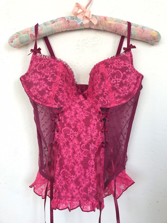 2000s, Y2K, Victorias Secret Lace Corset Bra, Sheer Magenta Lace Panels and Padded  Push up Bra, Ruffle Trim, Sexy Little Things, 34C, 34 C -  Canada