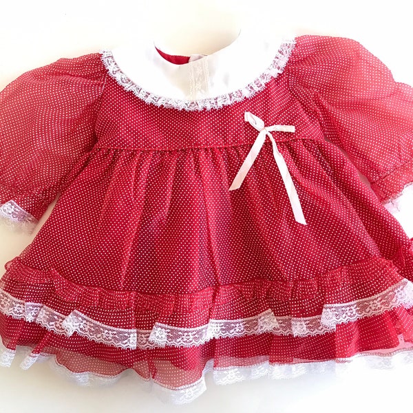 Vintage Martha’s miniatures red and white polka dot ruffle dress, pageant, lace, Swiss dot, sheer sleeves, USA made toddler dress, holiday