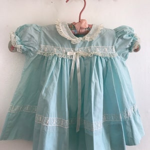 1950s, 1960s, baby girls dress, 6 months, 9 months, baby blue ruffle dress, lace dress, retro newborn dress, puffy sleeves, eyelet details image 2