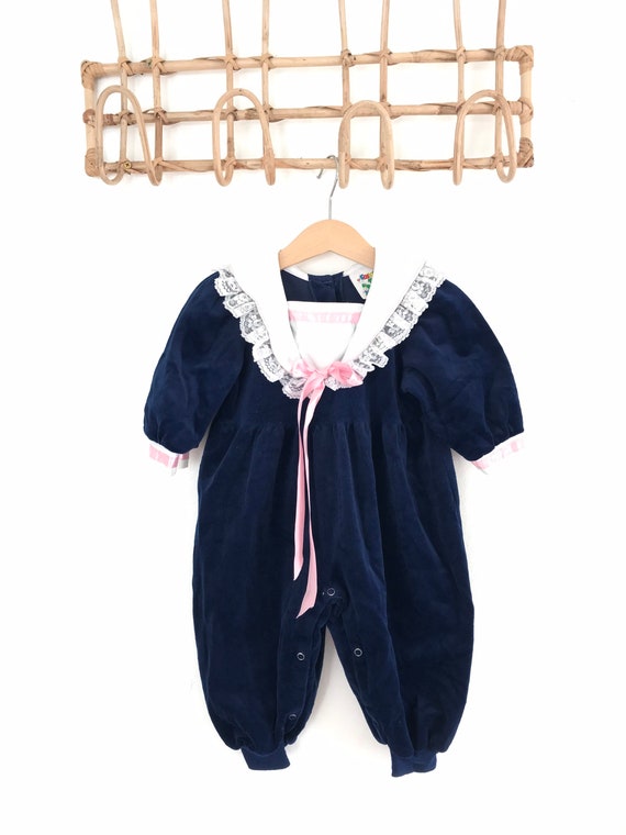 1980’s, 1990’s, Velour ruffle baby jumpsuit, baby… - image 1