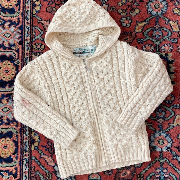 Merino wool Irish fisherman knit zip up hooded sweater, toddler, 4T, 5T, Aran crafts m, made in Ireland, wool sweater, kinfolk, kids knit