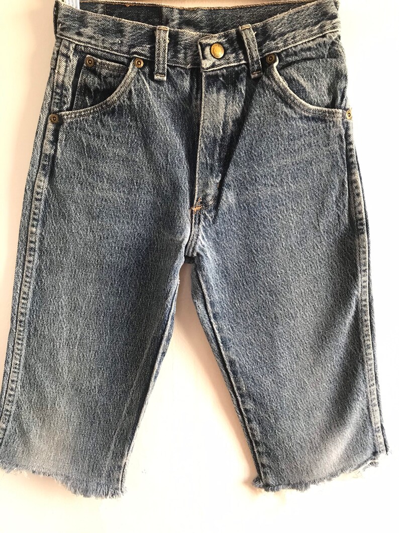 May include: A pair of blue denim shorts with a frayed hem. The shorts have a classic five-pocket design and a button fly.