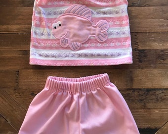 1980’s, 1990’s, Vintage baby girls fish appliqué clothing set, ruffle trim, USA made, Royal Heir, 12 months, 9 months, pink running shorts