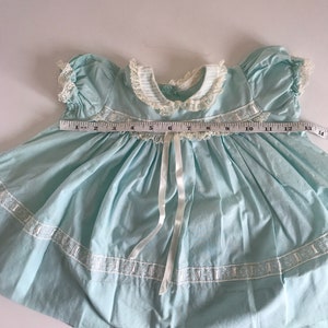 1950s, 1960s, baby girls dress, 6 months, 9 months, baby blue ruffle dress, lace dress, retro newborn dress, puffy sleeves, eyelet details image 8