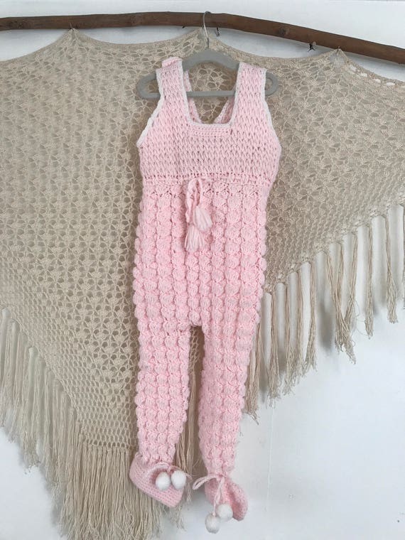 Handknit vintage baby girl pink overalls best fit… - image 2