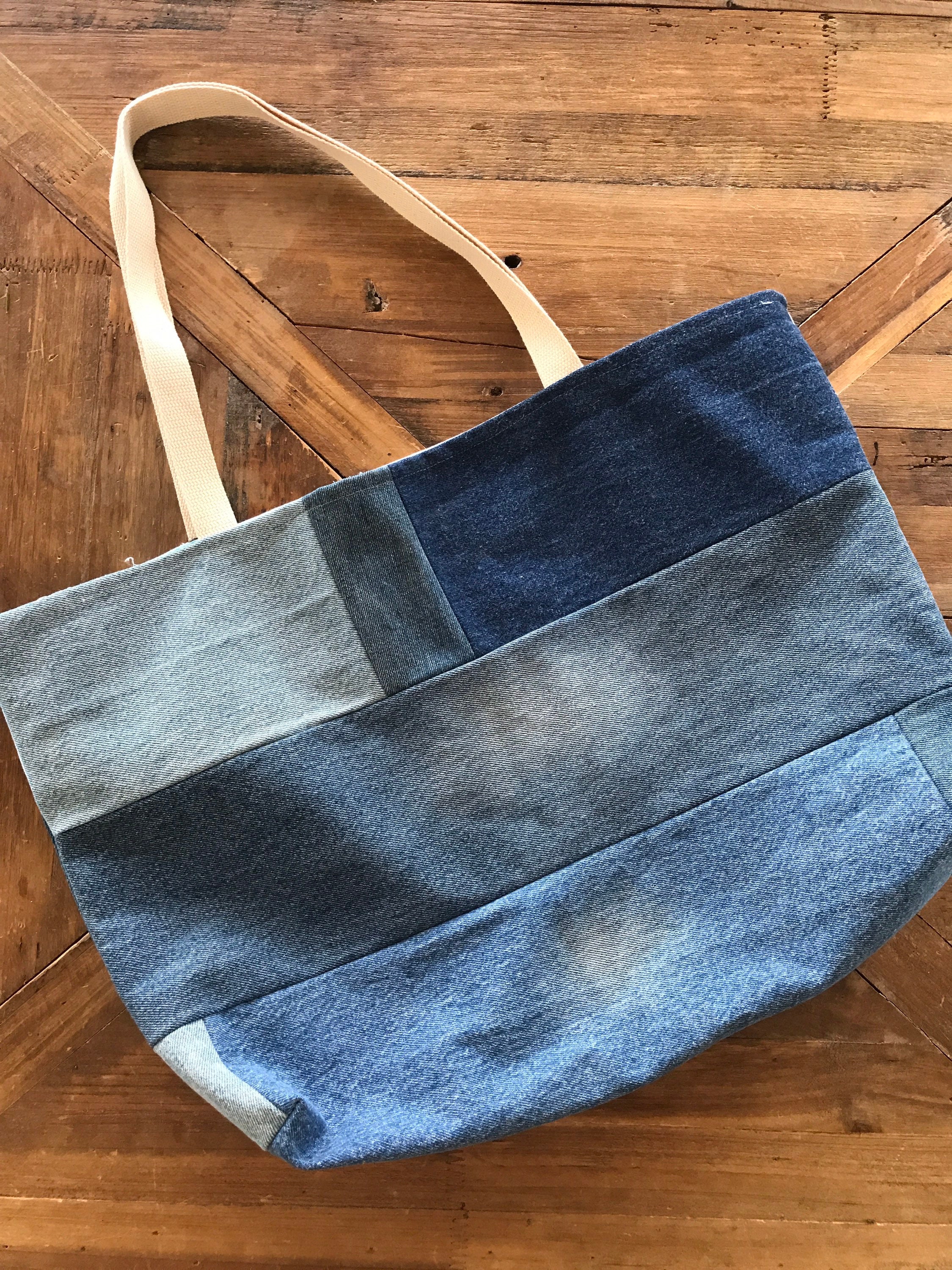 Weston Recycled Patchwork Denim and Leather Tote Bag Dark Brown