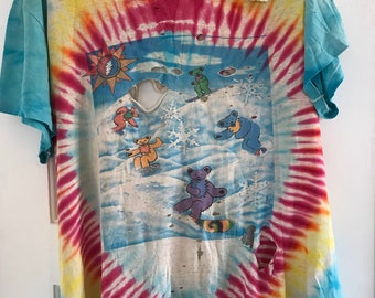 Vintage Grateful Dead Tee, made in USA, trashed band tee, 1990, paper thin, distressed, snowboarding dead tee, tie dye Grateful Dead tee, XL