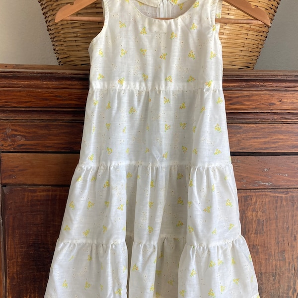 1960’s, 1970’s, Vintage prairie tiered dress, 5T, 6, handmade, cottage core, shabby chic, bohemian girls dress, floral, flower girl, boho