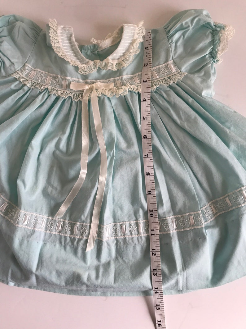 1950s, 1960s, baby girls dress, 6 months, 9 months, baby blue ruffle dress, lace dress, retro newborn dress, puffy sleeves, eyelet details image 7