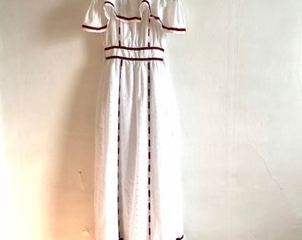 1960’s, 1970’s, Handmade prairie dress, eyelet, off shoulder, maxi, cottage core dress, XS, vintage prairie style dress, white, summer dress