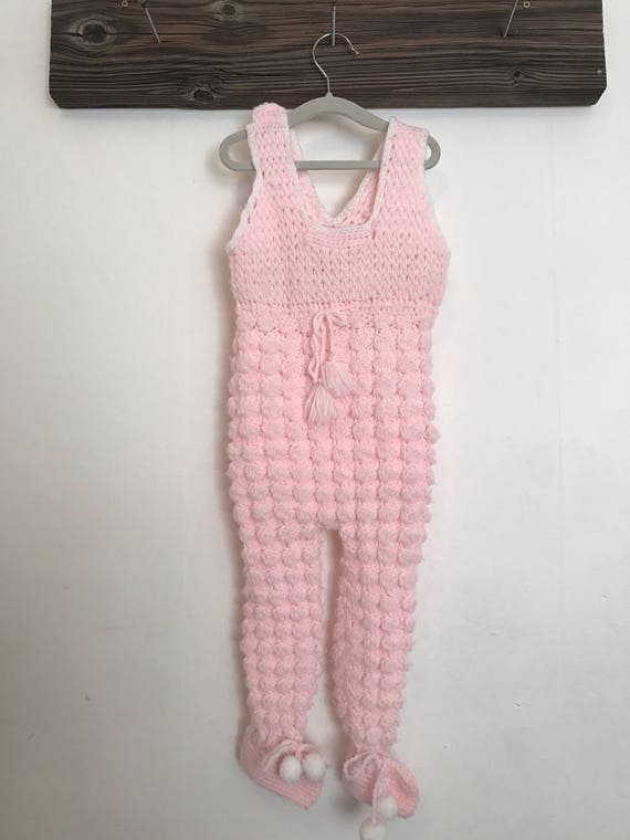 Handknit vintage baby girl pink overalls best fit… - image 4