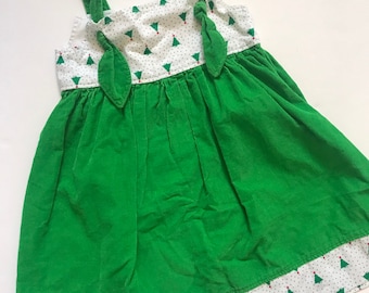 Vestido navideño vintage hecho a mano, 18 meses, vestido de pana, vestido de vacaciones, árbol de Navidad, vestido de punto, vestido hippie para niñas, tarjeta de Navidad
