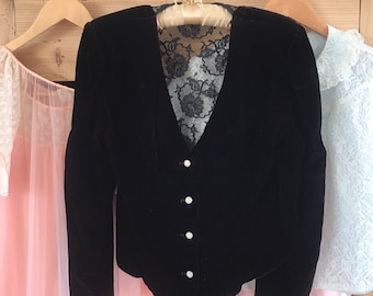 1990’s, Vintage velvet blazer with sheer black lace back and ruffle details, Y2K, romantic,  goth, goth does Victorian, holiday, size small