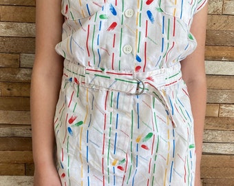 1980’s, 1990’s, Vintage girls romper, jumpsuit, overall style one piece, abstract pattern, size 6, 8, Pyramid, retro girls summer romper