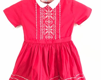 1950’s, 1960’s, Peter Pan collar, embroidered, full circle, pleated, Vintage girls dress, red and white, 2T, toddler girls retro dress,