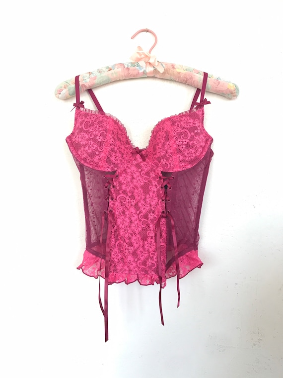 2000s, Y2K, Victorias Secret Lace Corset Bra, Sheer Magenta Lace Panels and  Padded Push up Bra, Ruffle Trim, Sexy Little Things, 34C, 34 C -  Canada