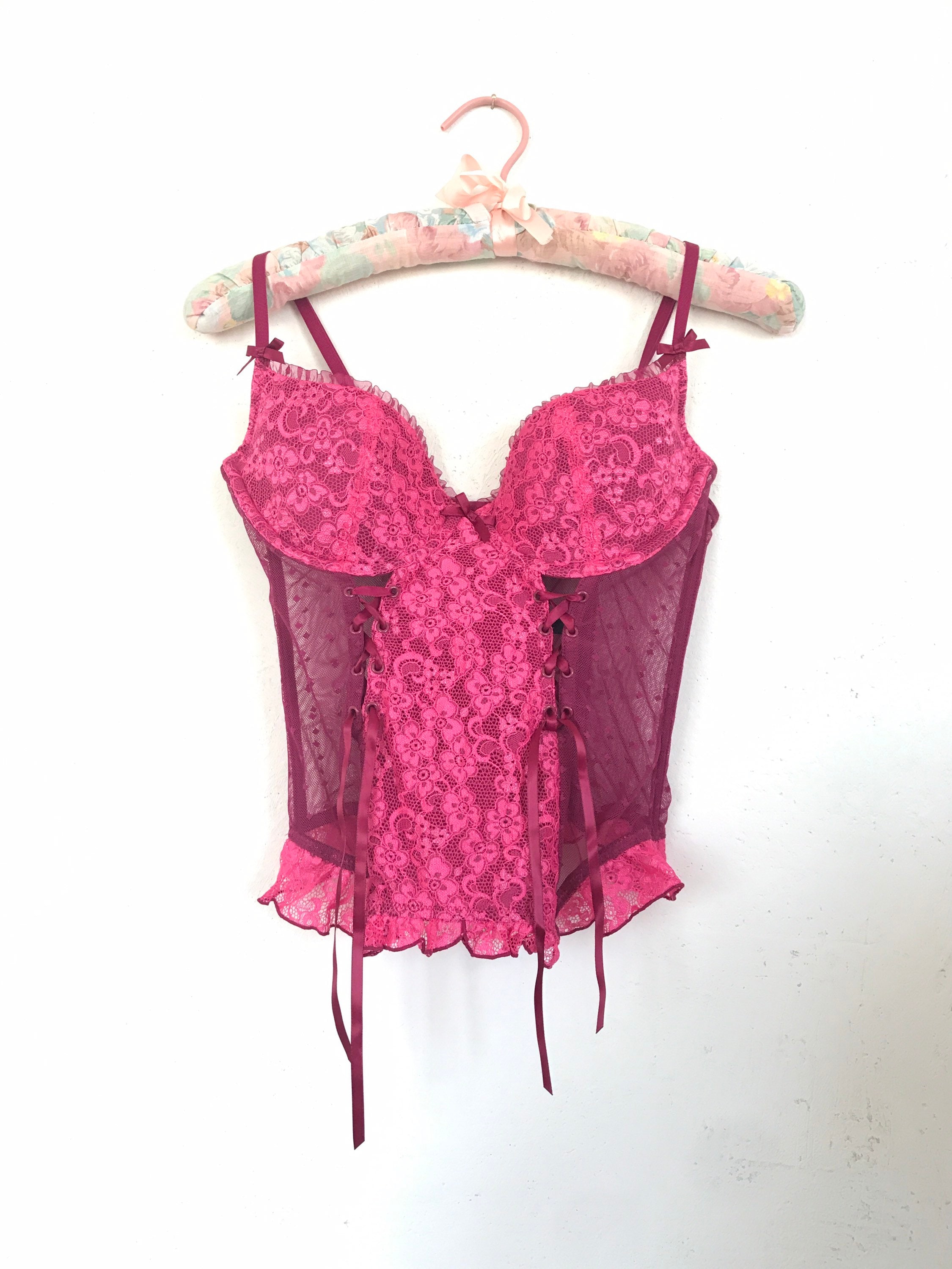 2000's, Y2K, Victoria's Secret Lace Corset Bra, Sheer Magenta Lace