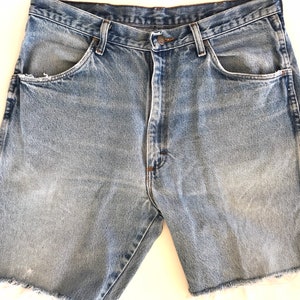 1990’s, Vintage Rustler jean shorts, cutoff rustlers, W34, 34”, high rise denim shorts, boyfriend style, vintage jean cutoffs, well worn,