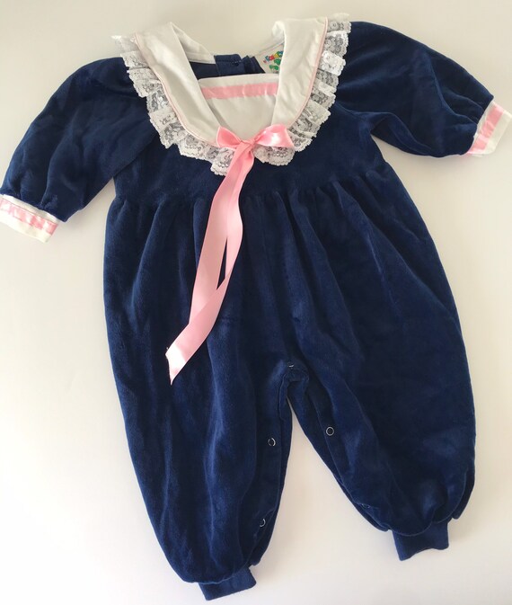 1980’s, 1990’s, Velour ruffle baby jumpsuit, baby… - image 3