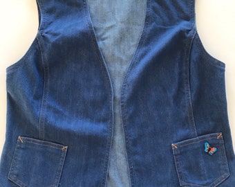1960’s, 1970’s, four seasons vintage denim vest, butterfly patch on pocket, small, medium, bohemian, jean vest, retro hippie vest, country