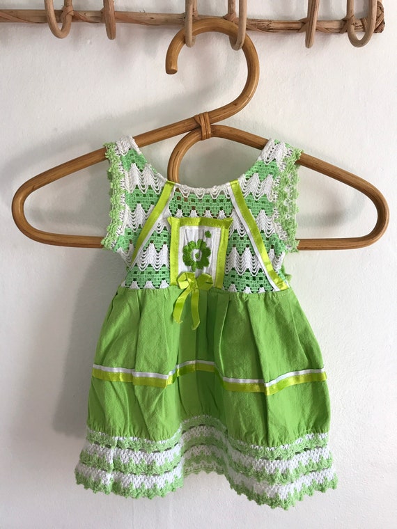 Vintage baby dress, Mexican baby girls dress, gre… - image 2