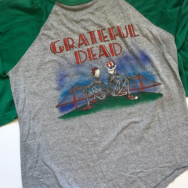 1982 Grateful Dead Tee, Paper Thin, Double Sided Grateful Dead Raglan, Large, Vintage Band Tee, Distressed, Worn Thin, 50/50 Blend, Deadhead