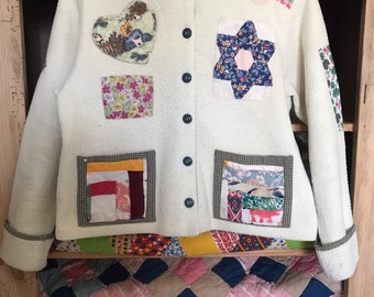 1990’s, vintage quilt jacket, handmade, Katy the flower lady, cat embroidered, antique quilt patches, gingham lined, crochet lace, folk,