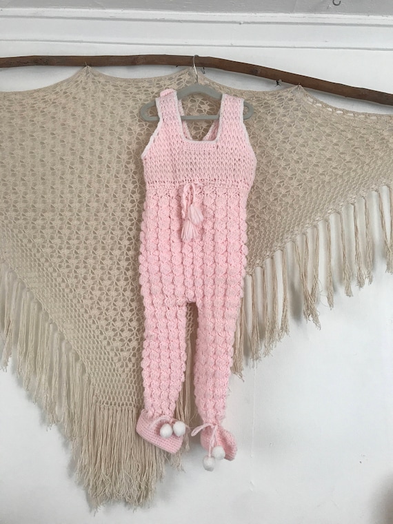 Handknit vintage baby girl pink overalls best fit 