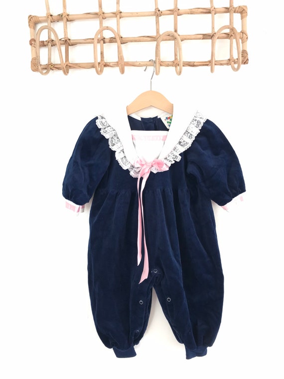 1980’s, 1990’s, Velour ruffle baby jumpsuit, baby… - image 6