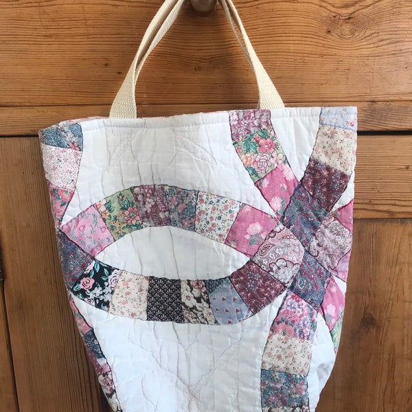 Repurposed quilt bag with Laura Ashley fabric liner, top handles, fold over, Shabby chic, cottage core, quilt baskets, Easter basket, purse