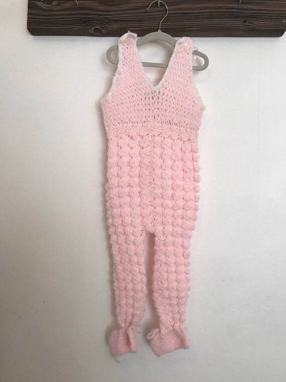 Handknit vintage baby girl pink overalls best fit… - image 5