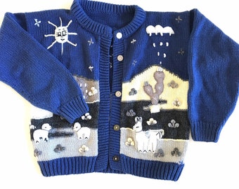 1980’s, 1990’s, Vintage kids knit cardigan,  size 6, blue sweater cardigan, animal appliqué, cozy, soft, cotton blend knitwear, kinfolk, 5T