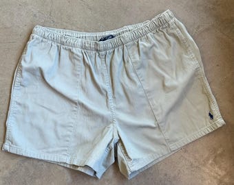 Men’s vintage 1990’s Polo Ralph Lauren large shorts, high rise, drawstring waist, cotton, khaki canvas shorts, golf, preppy, USA made polo