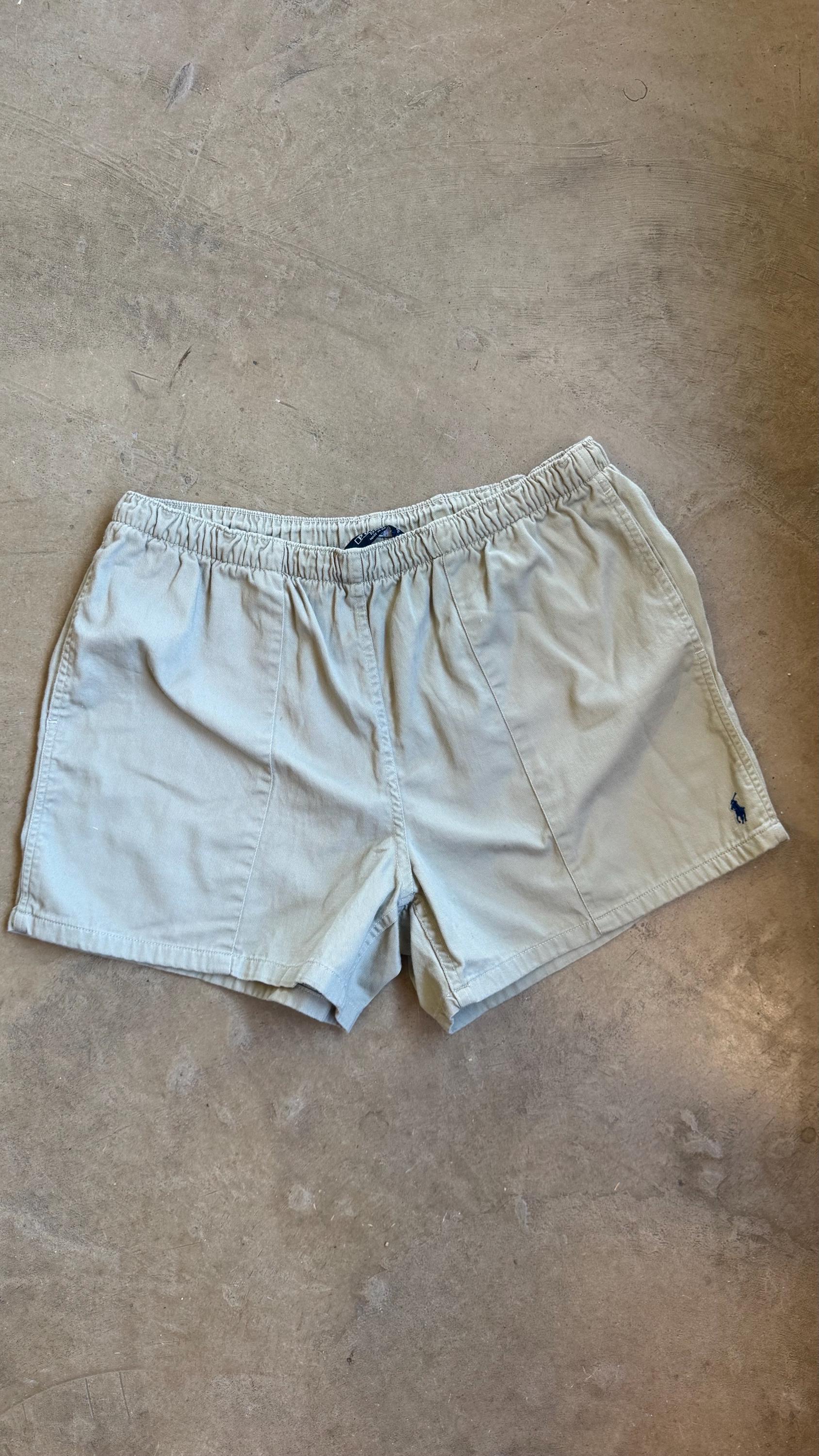 Men's vintage 1990's Polo Ralph Lauren large shorts, high rise, drawstring waist, cotton, khaki canvas shorts, golf, preppy, USA made polo