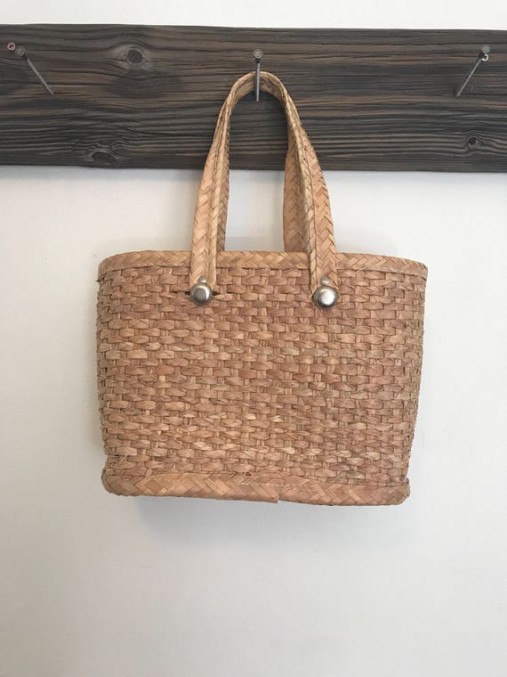 Vintage straw embroidered market bag, small beach… - image 2