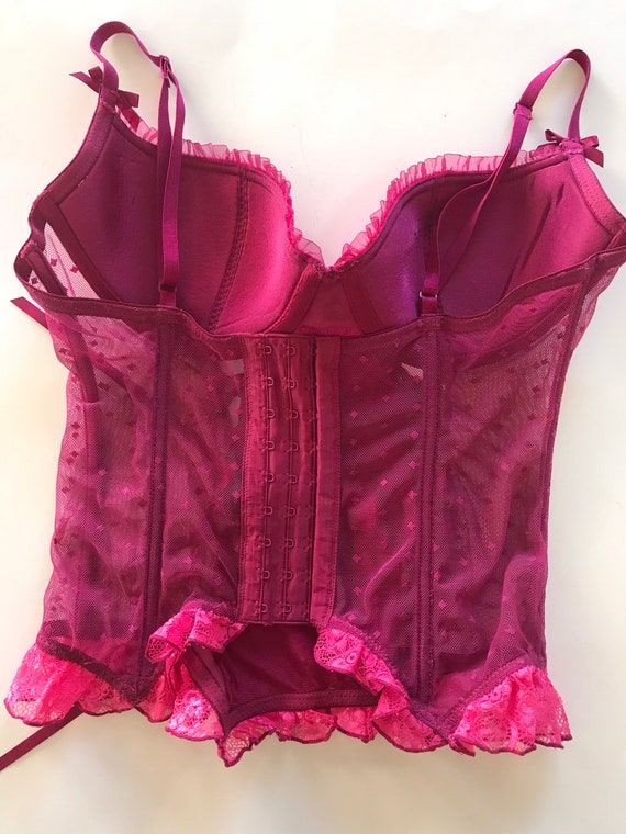 2000s, Y2K, Victorias Secret Lace Corset Bra, Sheer Magenta Lace Panels and Padded  Push up Bra, Ruffle Trim, Sexy Little Things, 34C, 34 C 