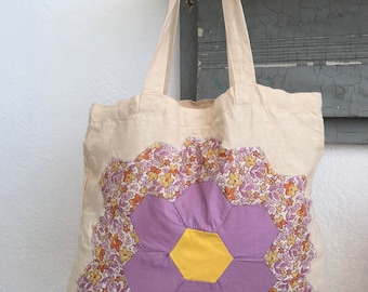 Linen farmers market tote with vintage quilt patchwork, linen bag with handmade quilted appliqué, bohemian, kinfolk, market bag, hippie