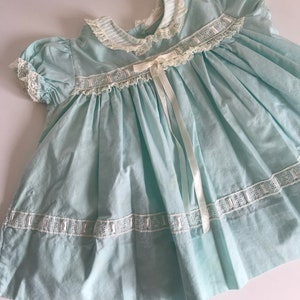 1950s, 1960s, baby girls dress, 6 months, 9 months, baby blue ruffle dress, lace dress, retro newborn dress, puffy sleeves, eyelet details image 5