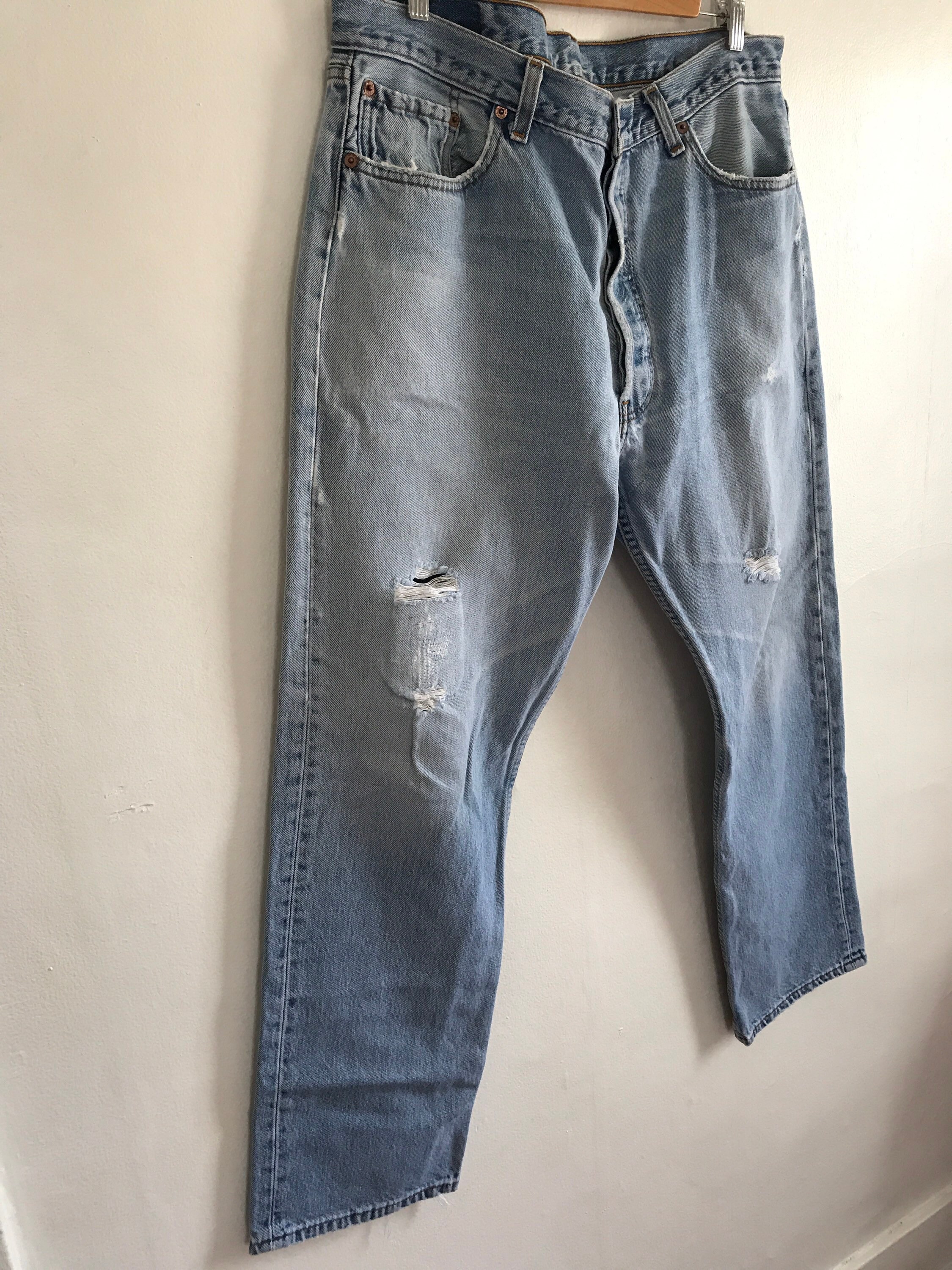 1990's, Vintage Levis 501 Jeans, Well Worn, Holes, Rips 1990's, Vintage Levis 501 Jeans, Well Worn, Holes, Rips