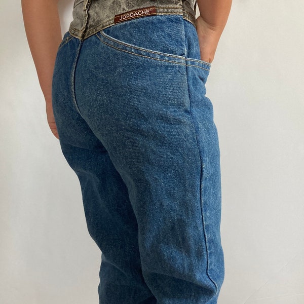1980’s, 1990’s, Vintage Jordache jeans, two tone denim, high rise jeans, tapered, high waisted, rare retro kids jeans, 5T, 6, usa made, 20”