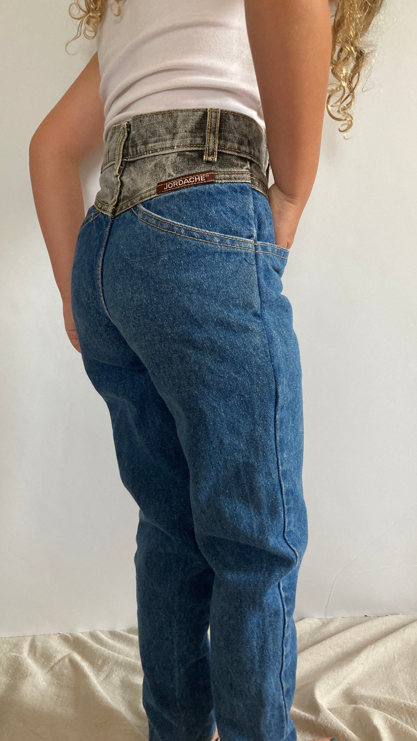 1980s, 1990s, Vintage Jordache Jeans, Two Tone Denim, High Rise Jeans,  Tapered, High Waisted, Rare Retro Kids Jeans, 5T, 6, Usa Made, 20 