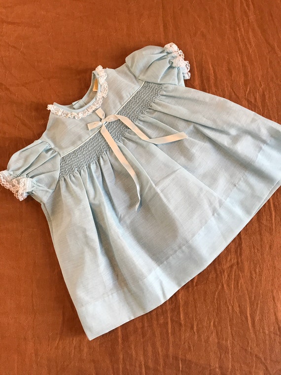1950’s baby dress, ruffle dress, smocked, baby blu