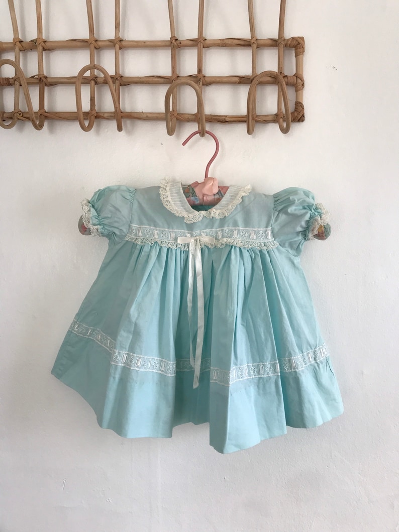 1950s, 1960s, baby girls dress, 6 months, 9 months, baby blue ruffle dress, lace dress, retro newborn dress, puffy sleeves, eyelet details image 1
